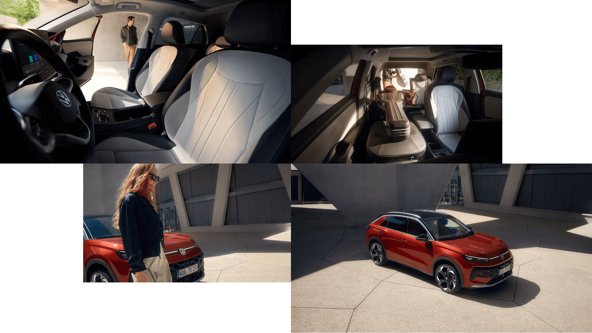 Pildikogu punase Volkswagen T-Roc ja selle interjööri detailidega linnakeskkonnas.