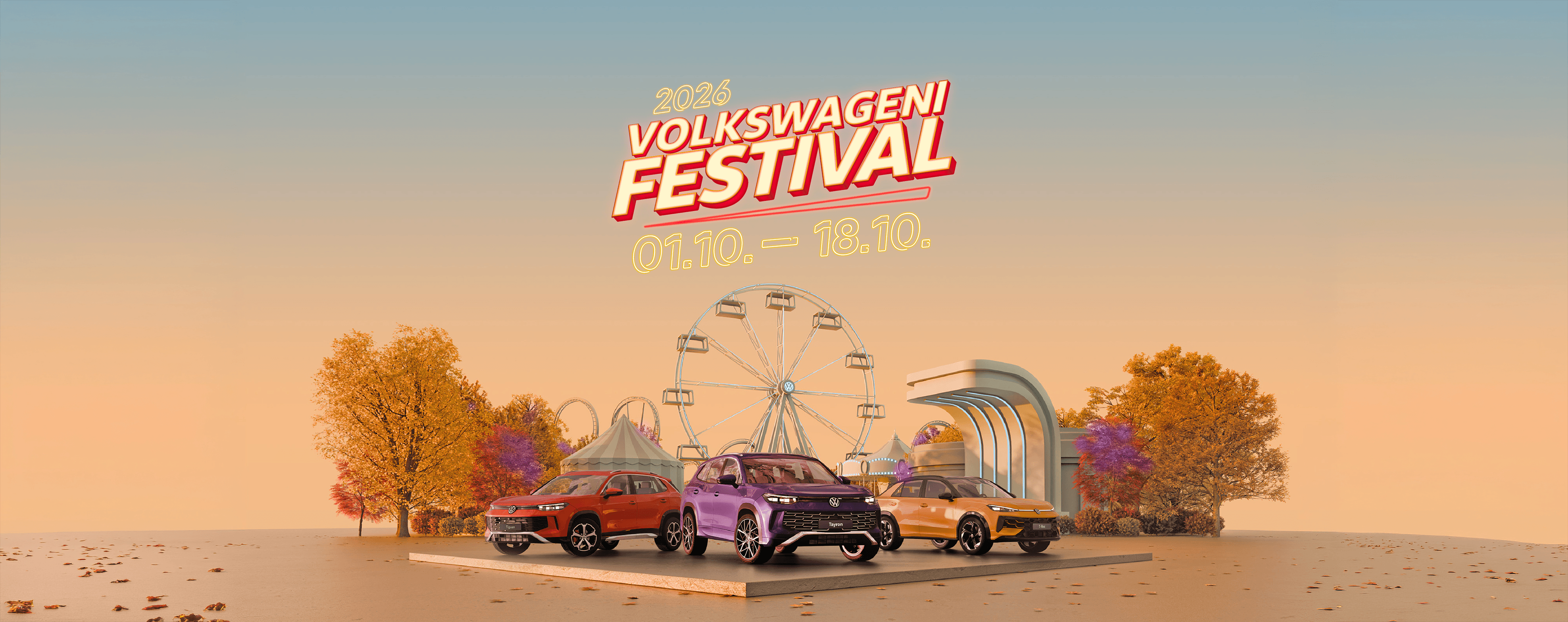 Ere kollane uus Volkswagen T-Roc mudel sõidab päikeselises, kaasaegses, arhitektuurses linnalises keskkonnas